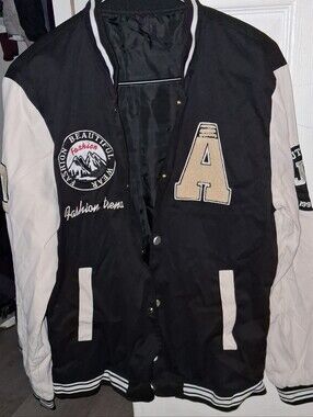 SHEIN Black and Cream Varsity Windbreaker Jacket with Letter Patch